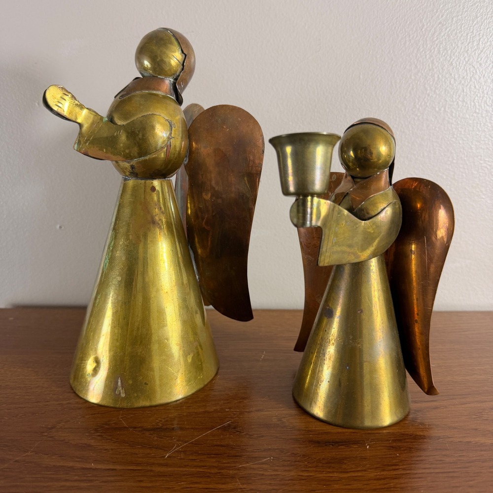 Vintage Brass Copper Angel Candle Holders Set Mexico Hong Kong MCM Christmas